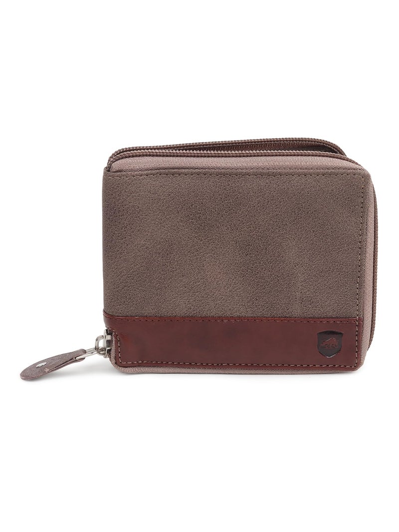 SAMTROH Line Design Zipper Round Chain Vegan Leather Wallet for Men & Women I 3 Card Slots I 2 Currency & 2 Secret Compartments I 1 Coin Pocket (Brown Strap) - Image 1