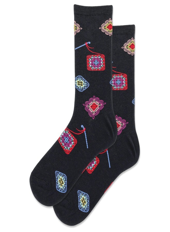 Hot Sox Women's Granny Square Crew Socks 1 Pair, Black, Women's 9-11 Shoe