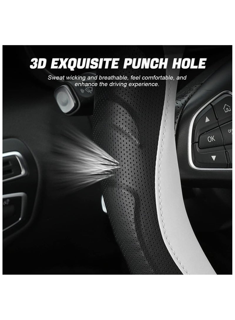 SYOSI Leather Steering Wheel Cover, Auto Car Stretch Steering Wheel Protector, Universal 15 Inch Anti-Slip Breathable Microfiber Odorless Steering Wheel Cover for Men Women Fit for Most Cars (Black/White) - Image 3