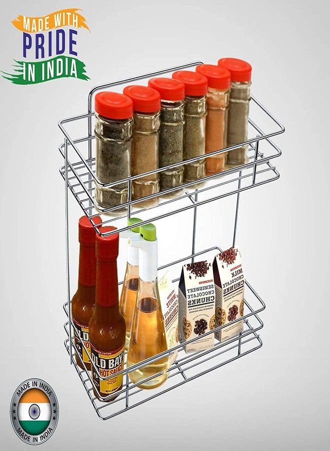 AASHRO MALL رف تخزين متعدد الأغراض من الفولاذ المقاوم للصدأ من AASHRO MALL®، مكون من طبقتين، مناسب للمطبخ والحمام، سلة منزلية، رف تخزين فضي للكتب والتوابل والبرطمانات والزجاجات - Image 3