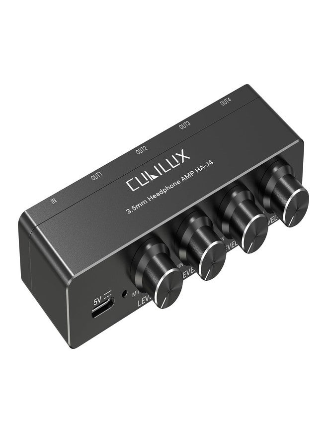 Cubilux 4-Way 3.5mm Headphone Amplifier with Independent Volume Control, 16-300 Ohm, Aluminum Case Stereo Audio Splitter Box for Headphone, Speaker, and Laptop-5V DC Power Supply - Image 1