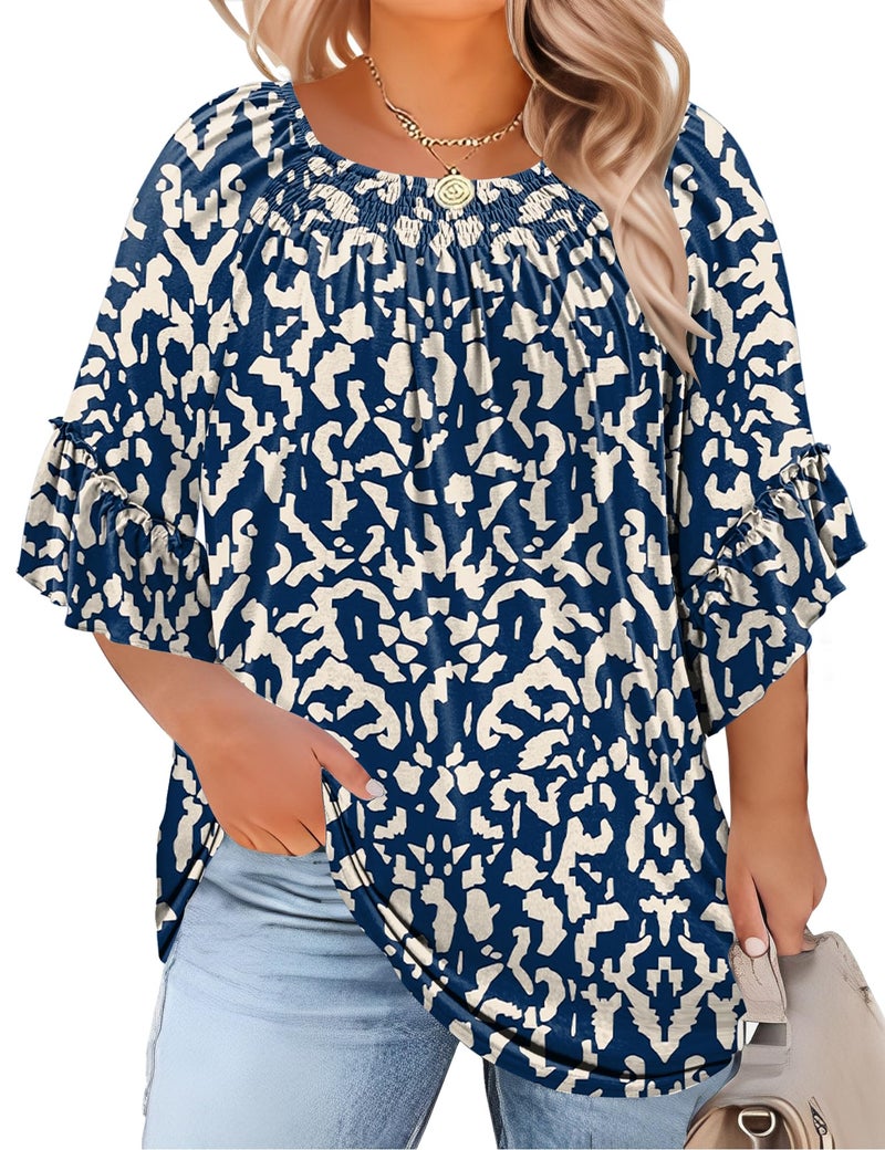 Micoson Womens Plus Size Tops 3/4 Ruffle Sleeve Office Shirts for Women Dressy Summer Spring Tops Loose Fitting Blouse - Image 1