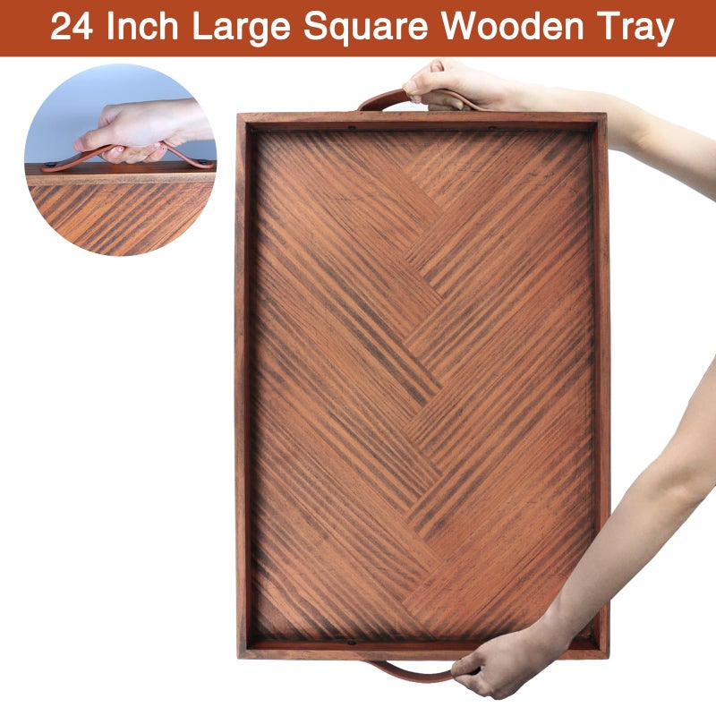 SXNOWS Large Ottoman Wooden Trays, Wood Serving Tray with Handles, Large Ottoman Tray, Wooden Serving Trays for Coffee Tables, Living Rooms and Kitchens, 24 x 16 inch - Image 5