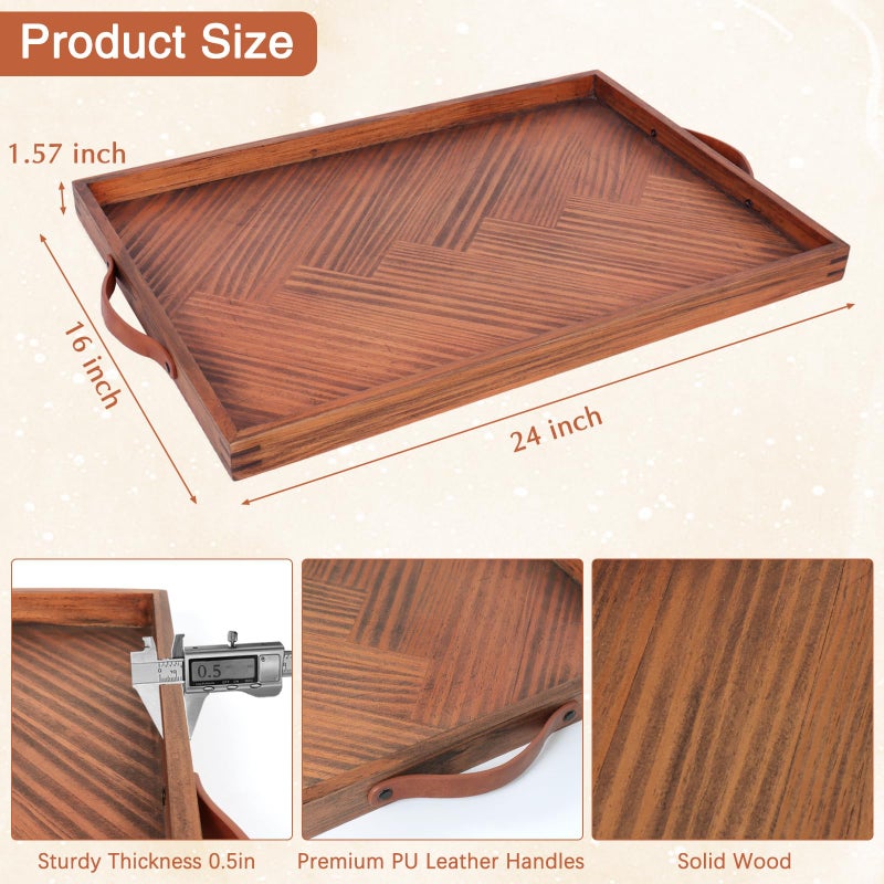SXNOWS Large Ottoman Wooden Trays, Wood Serving Tray with Handles, Large Ottoman Tray, Wooden Serving Trays for Coffee Tables, Living Rooms and Kitchens, 24 x 16 inch - Image 2
