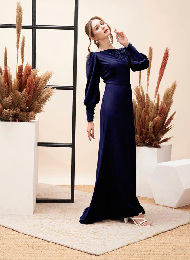 Mish Beaded Embellished Boat Neck Draped Maxi Dress by Styli - Image 4