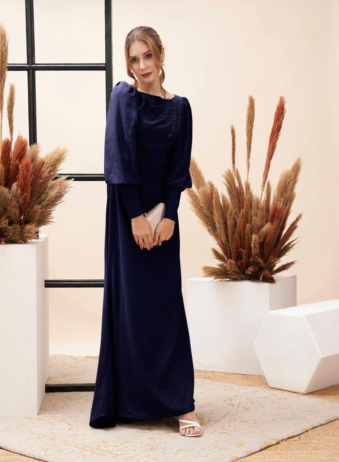 Mish Beaded Embellished Boat Neck Draped Maxi Dress by Styli - Image 1