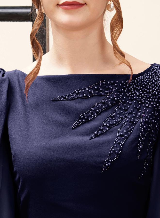 Mish Beaded Embellished Boat Neck Draped Maxi Dress by Styli - Image 2