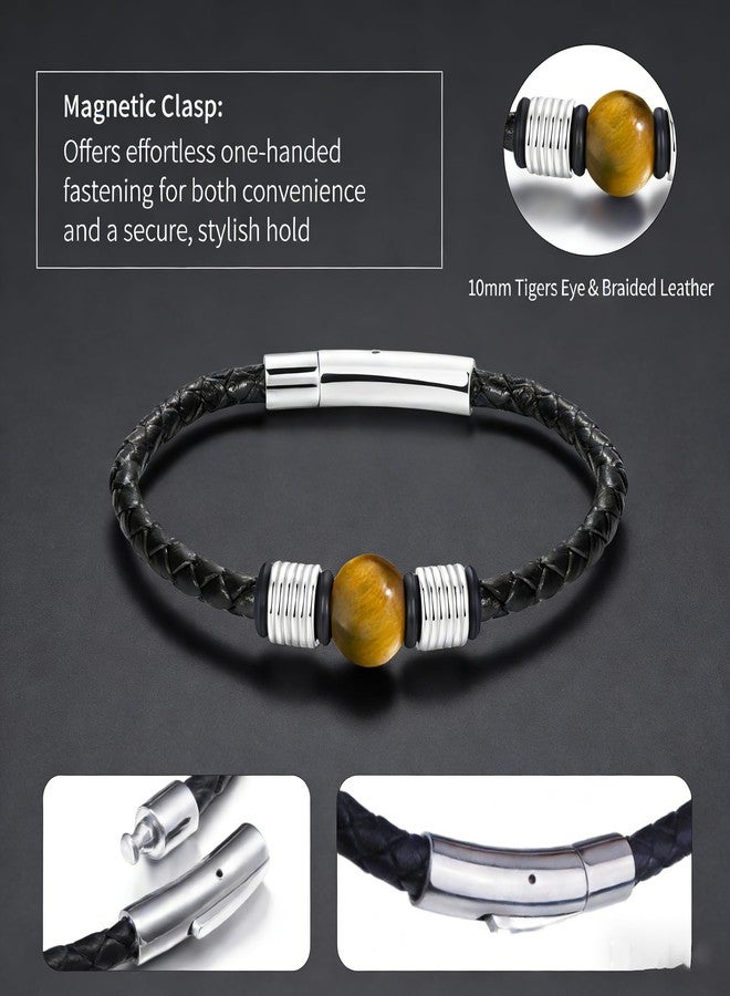 TRUMIUM Beaded Bracelets for Men Women Natural 10mm Tiger Eyes Mens Leather Bracelet Gemstone Jewelry for Him 8.3 Inch Length - Image 3