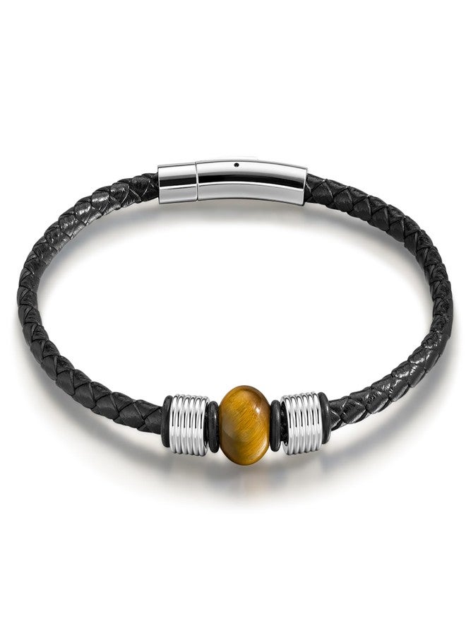 TRUMIUM Beaded Bracelets for Men Women Natural 10mm Tiger Eyes Mens Leather Bracelet Gemstone Jewelry for Him 8.3 Inch Length - Image 1