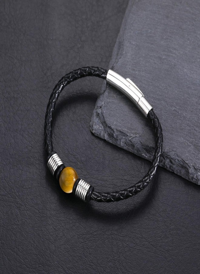 TRUMIUM Beaded Bracelets for Men Women Natural 10mm Tiger Eyes Mens Leather Bracelet Gemstone Jewelry for Him 8.3 Inch Length - Image 2