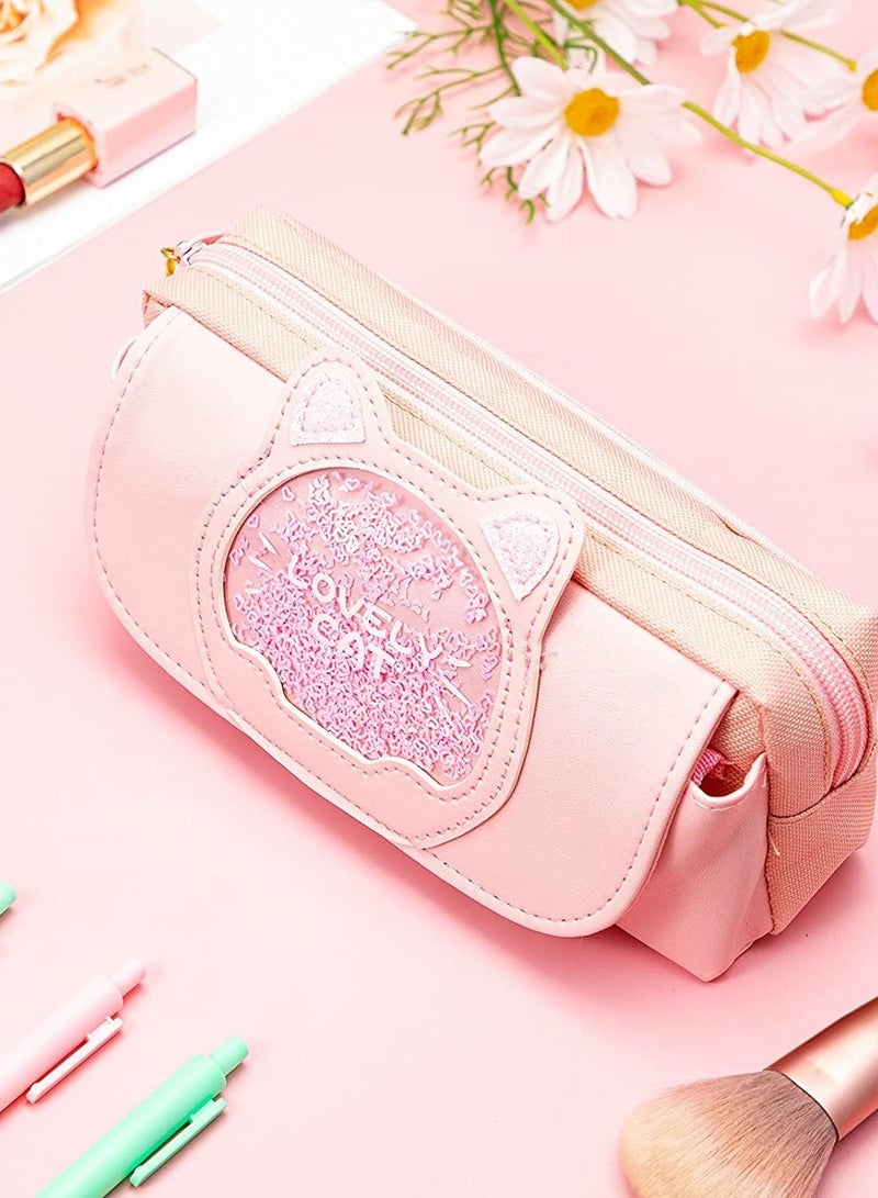KASTWAVE Pencil Case Big Capacity Cute Cat Large Capacity Pencil Pouch Portable Pencil Pouch Stationery Storage Organizer Pencil Box Pen Holder Bag for School Student Present, Pink 1 Pieces - Image 2