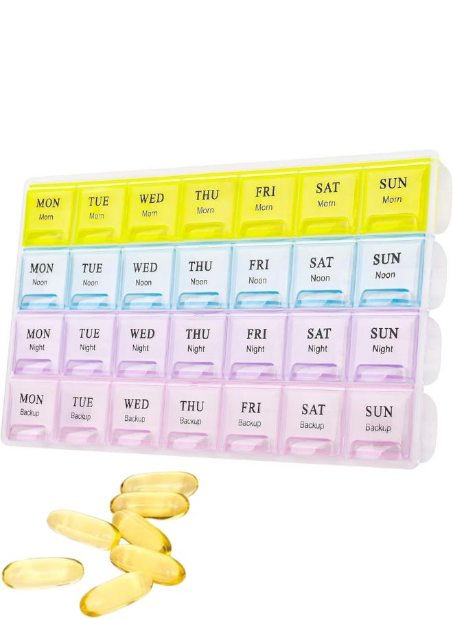 Large Weekly Pill Organizer 4 Times A Day - 28 Compartment Medicine and Travel Pill Case | Moisture-Proof 7 Day Vitamin, Fish Oil, and Supplements Dispenser with Clear Bold Font, Detachable Covers, and BPA Free Transparent Material. - Image 1
