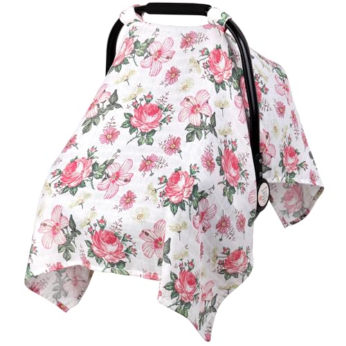 Metplus Car Seat Cover Baby Girl 100 Muslin Cotton Infant Carseat Covers Lightweight Breathable Car Seat Canopy Summer Stroller Sun Shade Newborn Travel Essentials Pink Floral - Image 1