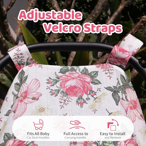 Metplus Car Seat Cover Baby Girl 100 Muslin Cotton Infant Carseat Covers Lightweight Breathable Car Seat Canopy Summer Stroller Sun Shade Newborn Travel Essentials Pink Floral - Image 3