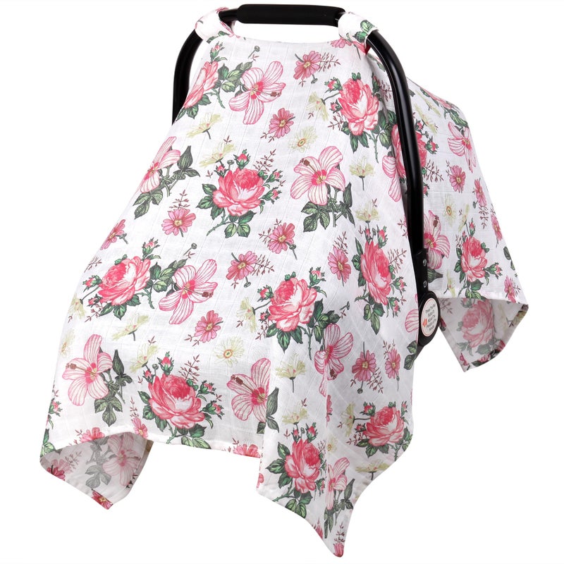 Metplus Car Seat Cover Baby Girl 100 Muslin Cotton Infant Carseat Covers Lightweight Breathable Car Seat Canopy Summer Stroller Sun Shade Newborn Travel Essentials Pink Floral - Image 2