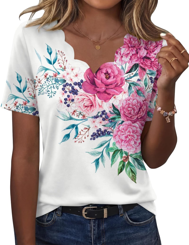 LOMON Trendy Tops for Women 2026 Short Sleeve V-Neck Shirts Dressy Casual Tunic Blouses Summer Tops Floral White S - Image 1