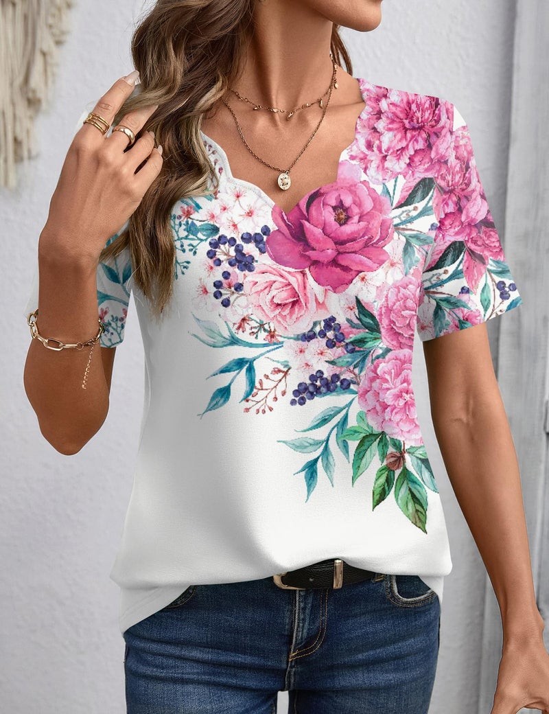 LOMON Trendy Tops for Women 2026 Short Sleeve V-Neck Shirts Dressy Casual Tunic Blouses Summer Tops Floral White S - Image 2