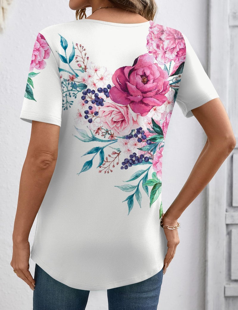 LOMON Trendy Tops for Women 2026 Short Sleeve V-Neck Shirts Dressy Casual Tunic Blouses Summer Tops Floral White S - Image 5