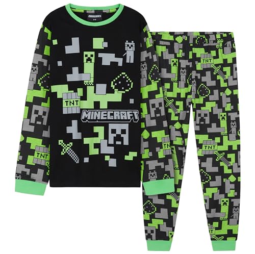 Minecraft Boys Long Sleeves Top And Bottom Set, Cotton 2 Pieces Boy Set (Black/Green, 13-14 Years) - Image 1