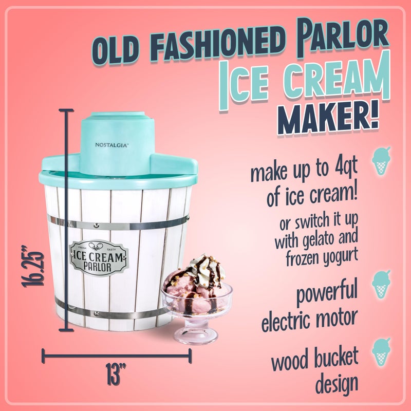 Nostalgia Electric Ice Cream Maker â€“ Wood Bucket Parlor Style, Old Fashioned Soft Serve Ice Cream Machine Makes Frozen Yogurt or Gelato in Minutes - Fun Kitchen Appliance â€“ White & Aqua - 4 Quart - Image 2