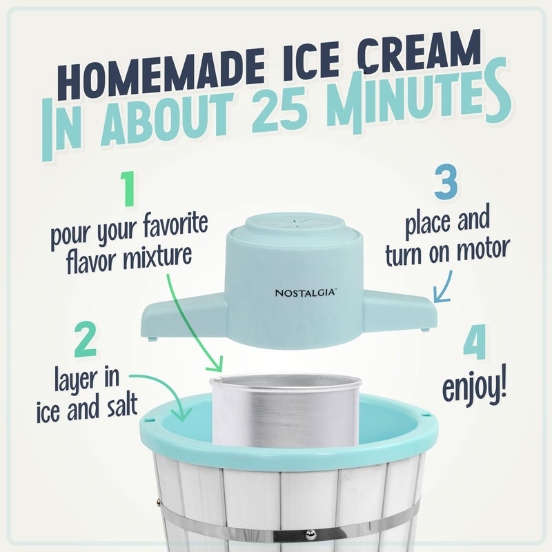 Nostalgia Electric Ice Cream Maker â€“ Wood Bucket Parlor Style, Old Fashioned Soft Serve Ice Cream Machine Makes Frozen Yogurt or Gelato in Minutes - Fun Kitchen Appliance â€“ White & Aqua - 4 Quart - Image 3