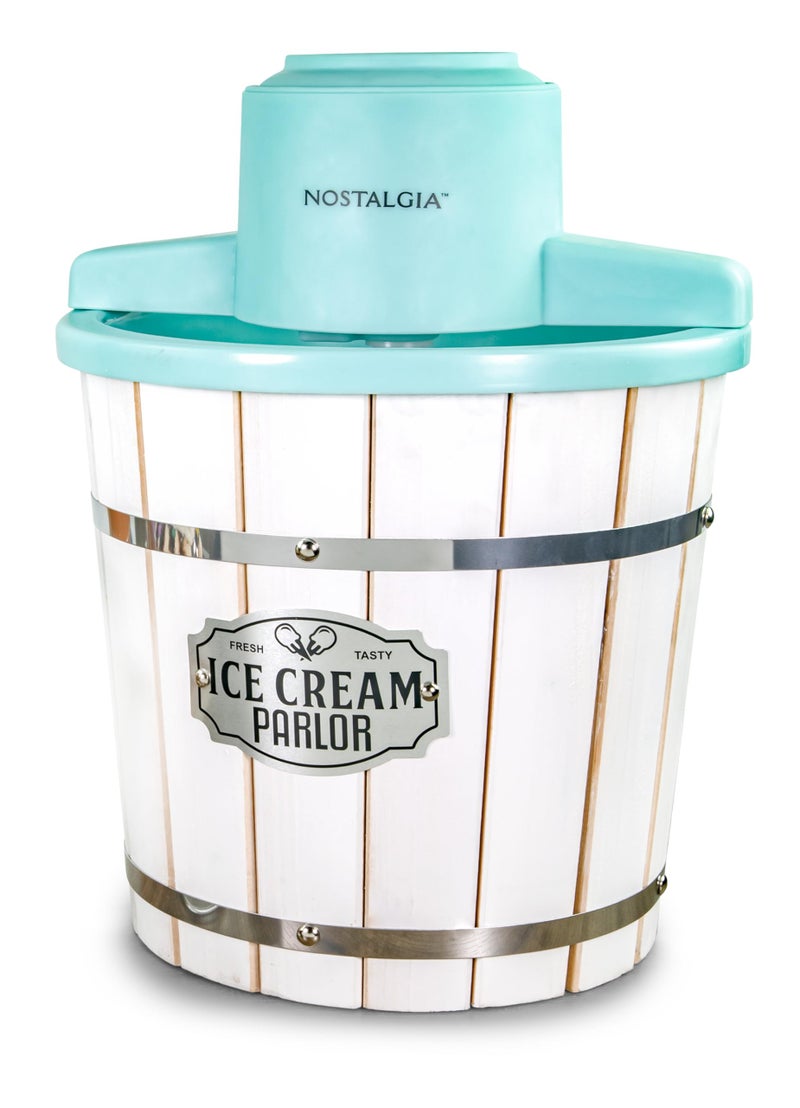 Nostalgia Electric Ice Cream Maker â€“ Wood Bucket Parlor Style, Old Fashioned Soft Serve Ice Cream Machine Makes Frozen Yogurt or Gelato in Minutes - Fun Kitchen Appliance â€“ White & Aqua - 4 Quart - Image 1