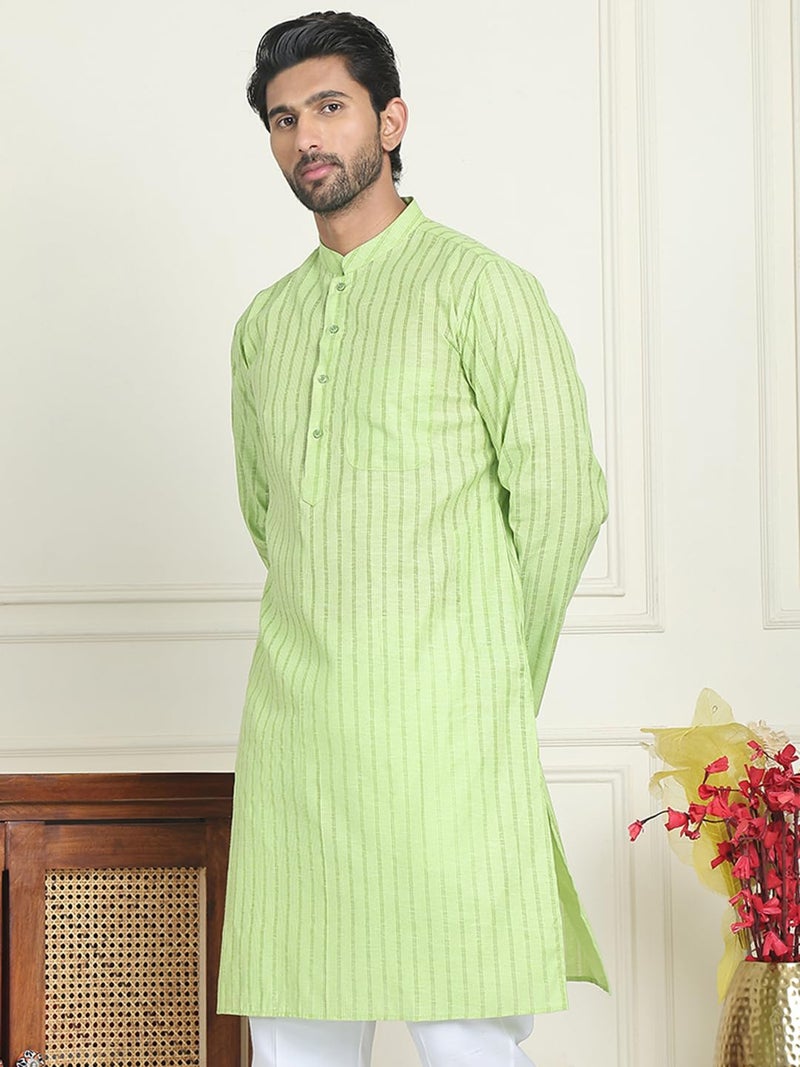 Jompers Men's Cotton Regular Fit Striped Kurta in Green - Image 3