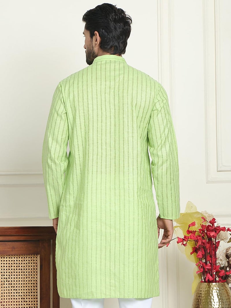 Jompers Men's Cotton Regular Fit Striped Kurta in Green - Image 2