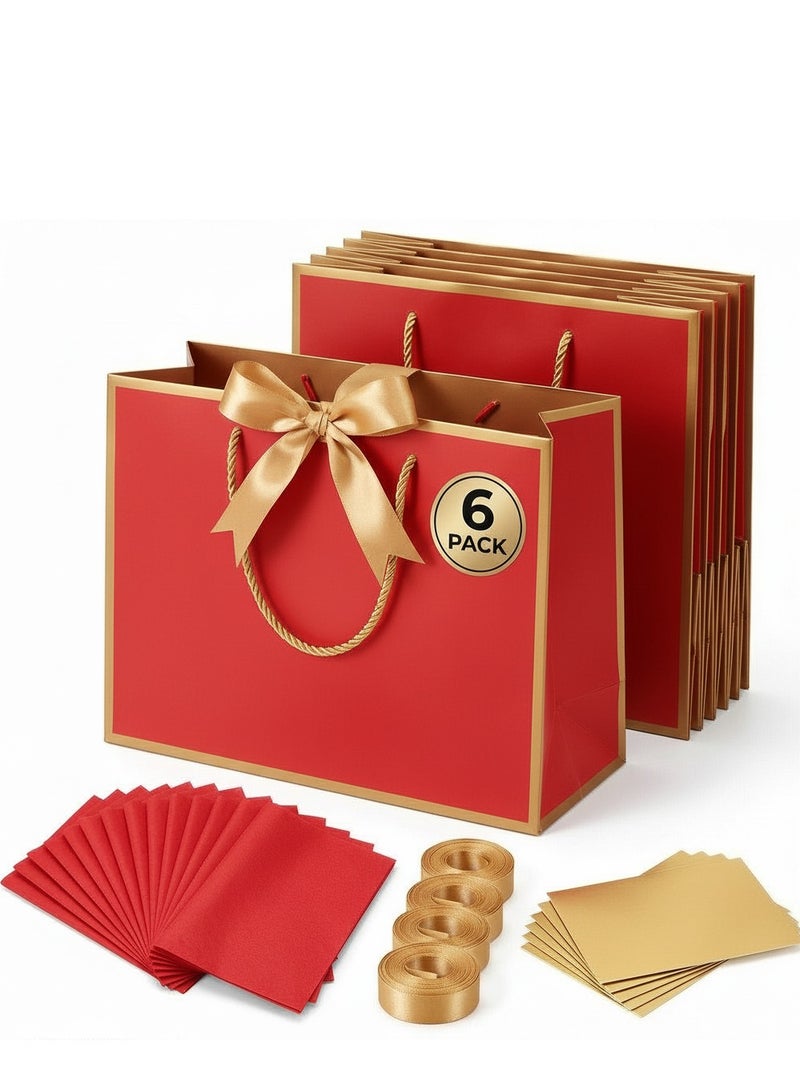 Circuit Green 6-Pack Luxury Small/Medium Red Gift Bags with Gold Trim (28×10×20 cm) – Includes 6 Gold Ribbons, 6 Greeting Cards & 12 Matching Red Tissue Sheets  – Premium Gift Bag Set - Image 1
