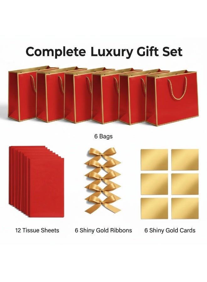 Circuit Green 6-Pack Luxury Small/Medium Red Gift Bags with Gold Trim (28×10×20 cm) – Includes 6 Gold Ribbons, 6 Greeting Cards & 12 Matching Red Tissue Sheets  – Premium Gift Bag Set - Image 2