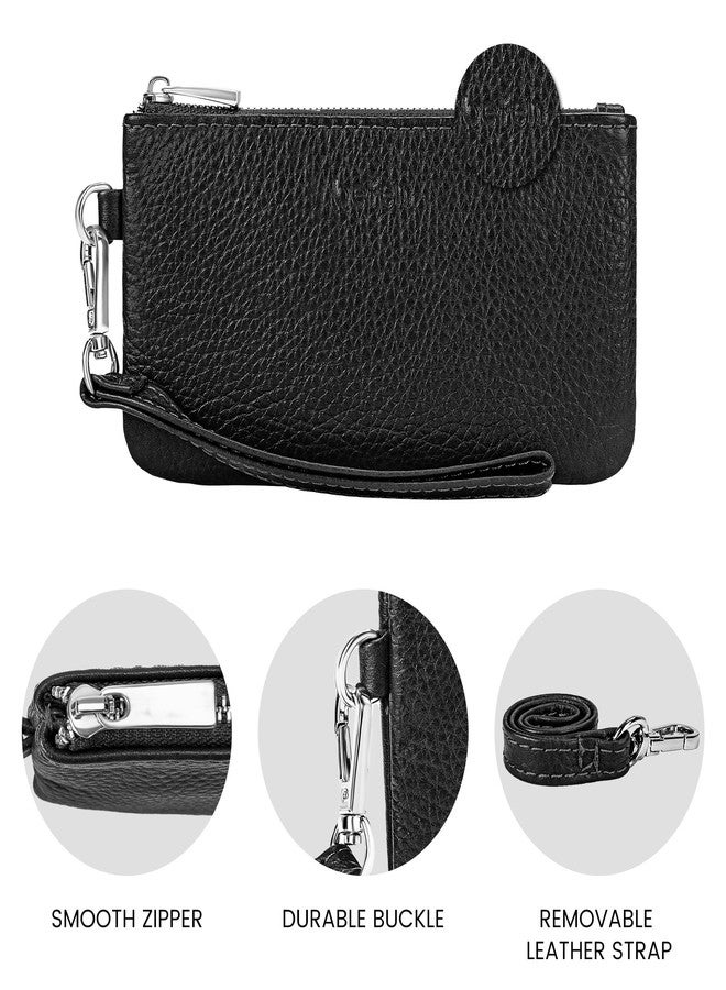befen Genuine Leather Coin Purse for Women, Small Black Change Purse Womens Small Zipper Wristlet Wallet, Wristlet Money Bag Mini Coin Pouch with Removable Wrist Strap - Image 4