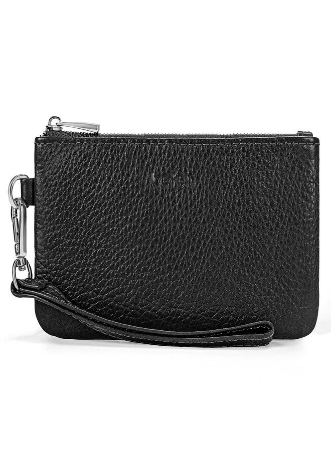 befen Genuine Leather Coin Purse for Women, Small Black Change Purse Womens Small Zipper Wristlet Wallet, Wristlet Money Bag Mini Coin Pouch with Removable Wrist Strap - Image 1