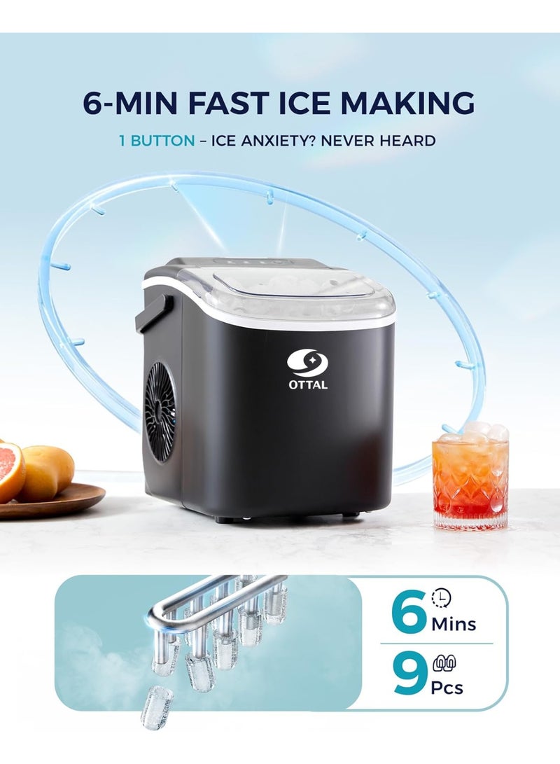 Ottal Ice Maker Countertop with Handle - 9 Bullet Ice Cubes in 6 Mins, Nugget Ice Maker, 12kg/24H, Portable Ice Machine with Scoop and Basket for Home, Kitchen, Camping, RV (Black) - Image 3