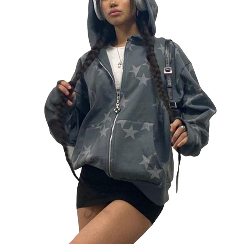 Tuislay Women Star Graphic Zip Up Hoodies Y2k for Teen Girls Oversized Streetwear E-Girl 90s Baggy Grunge Sweatshirt Jacket (Gray,S) - Image 1