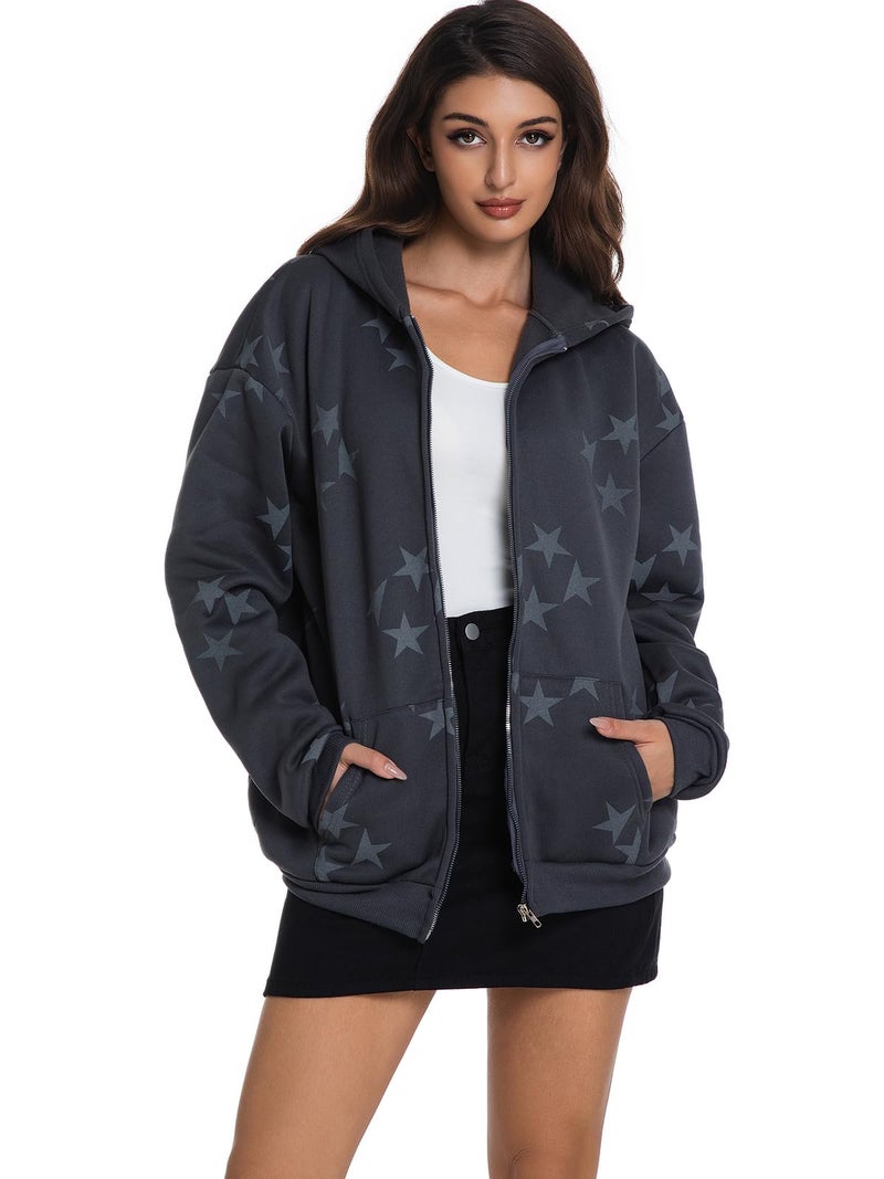 Tuislay Women Star Graphic Zip Up Hoodies Y2k for Teen Girls Oversized Streetwear E-Girl 90s Baggy Grunge Sweatshirt Jacket (Gray,S) - Image 2