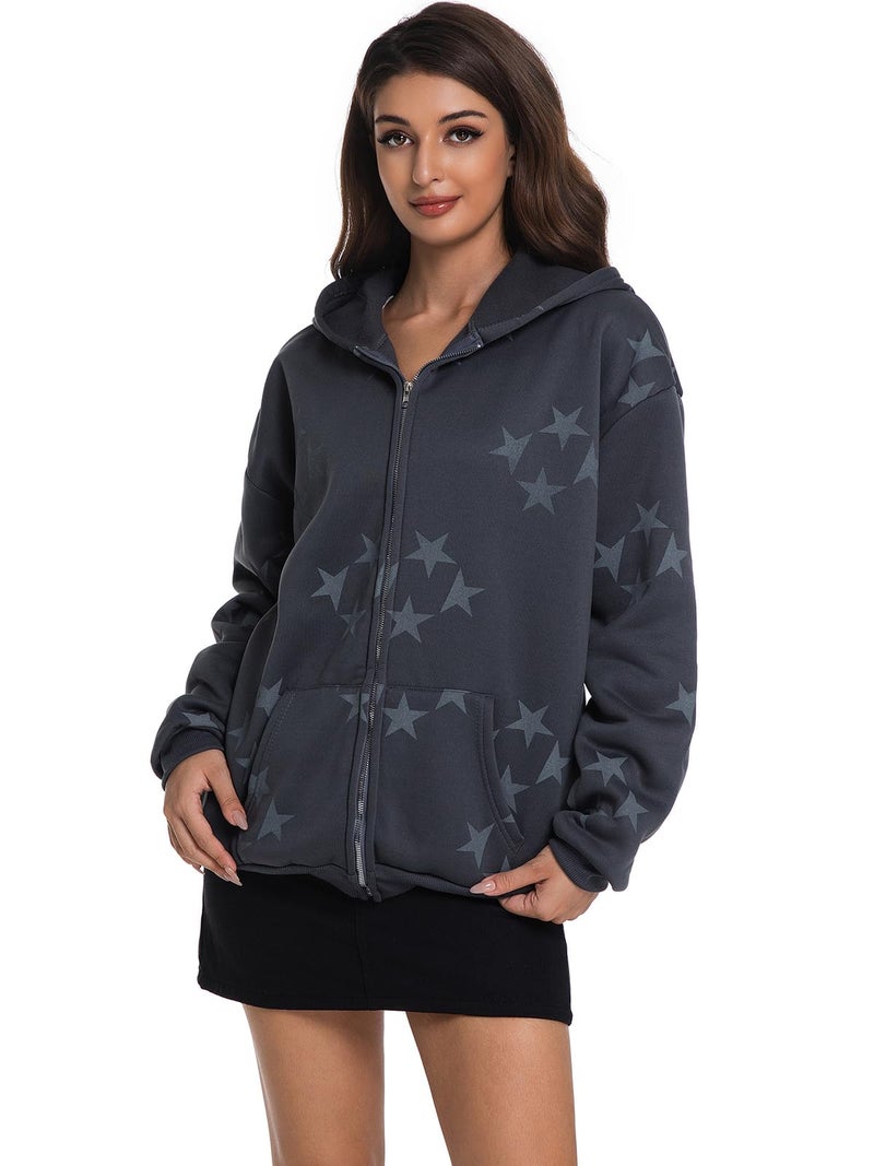 Tuislay Women Star Graphic Zip Up Hoodies Y2k for Teen Girls Oversized Streetwear E-Girl 90s Baggy Grunge Sweatshirt Jacket (Gray,S) - Image 4