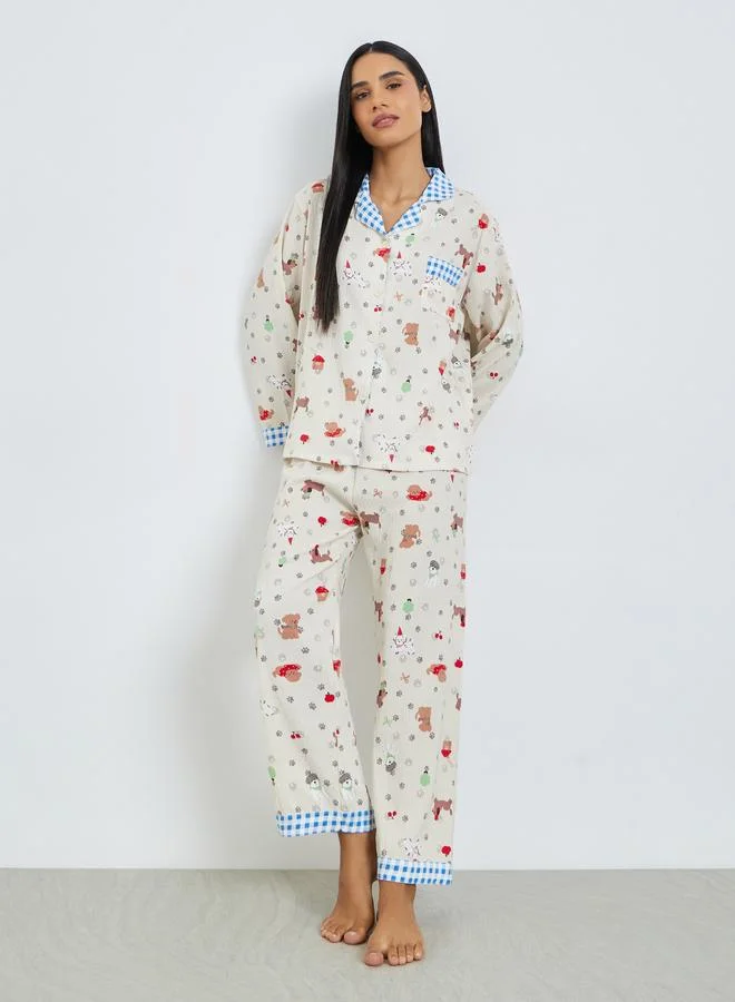Styli Gingham Collar Printed Shirt and Pyjama Set