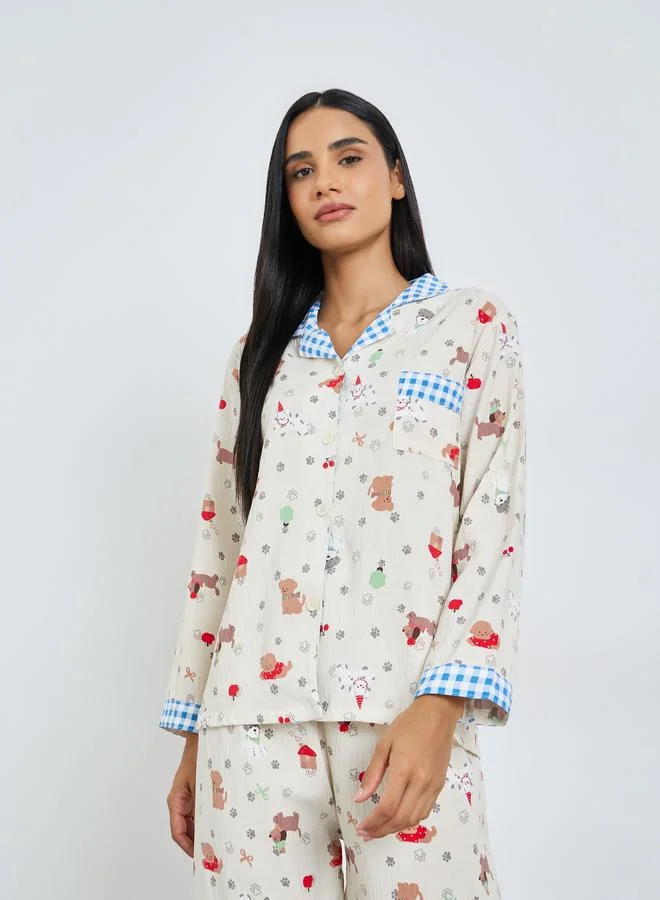 Styli Gingham Collar Printed Shirt and Pyjama Set