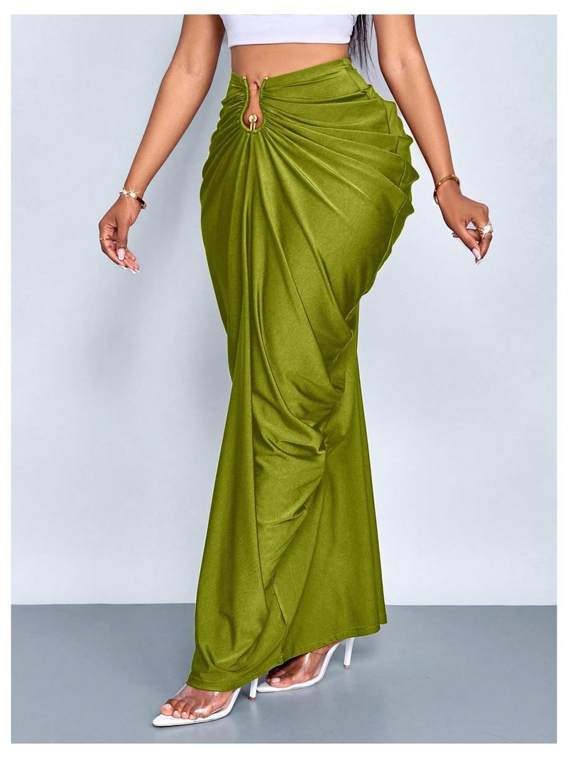 WDIRARA Women's Ruched Bodycon Maxi Skirt Cocktail Party High Waisted Long Fishtail Skirts Olive Green Small - Image 4