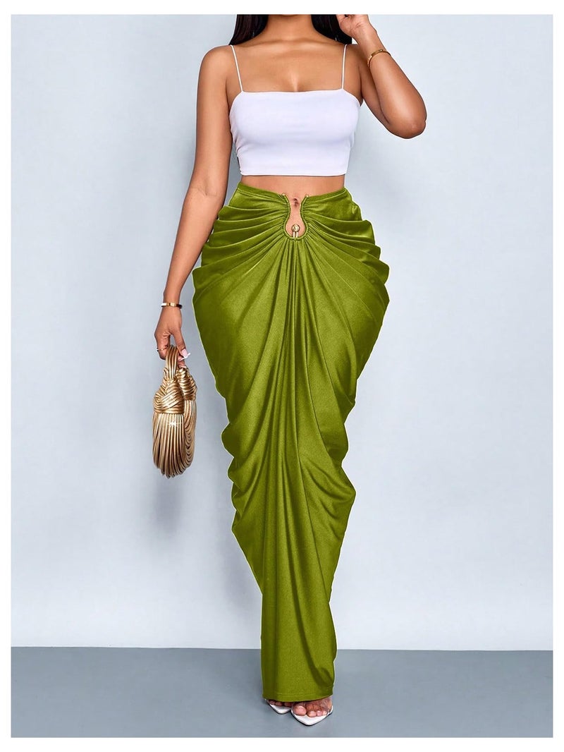 WDIRARA Women's Ruched Bodycon Maxi Skirt Cocktail Party High Waisted Long Fishtail Skirts Olive Green Small - Image 5