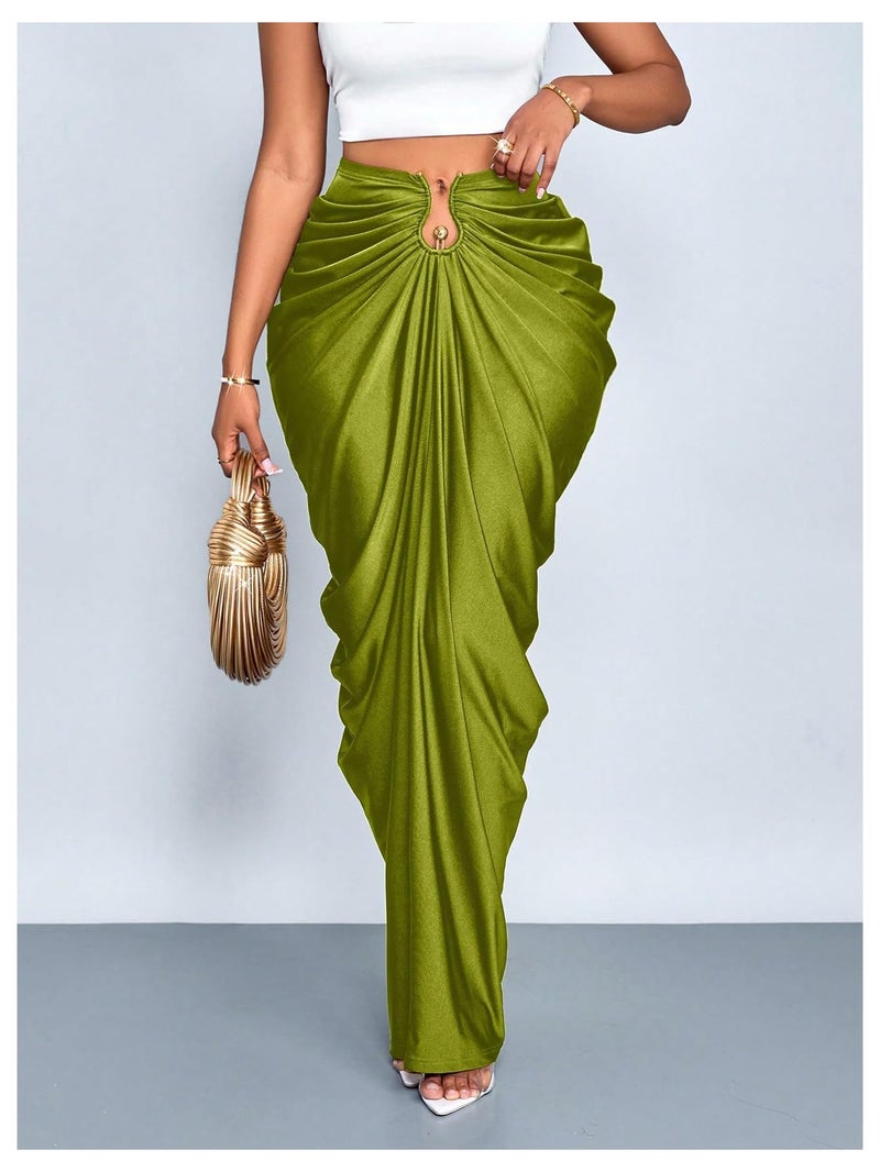 WDIRARA Women's Ruched Bodycon Maxi Skirt Cocktail Party High Waisted Long Fishtail Skirts Olive Green Small - Image 3