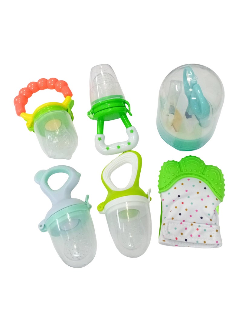 Complete 6 in 1 set for the care and nutrition of infants – 1 silicone teething glove, 4 fruit feeding pacifiers, 1 nail scissors and file - total of 6 pieces - color 1  - Image 1