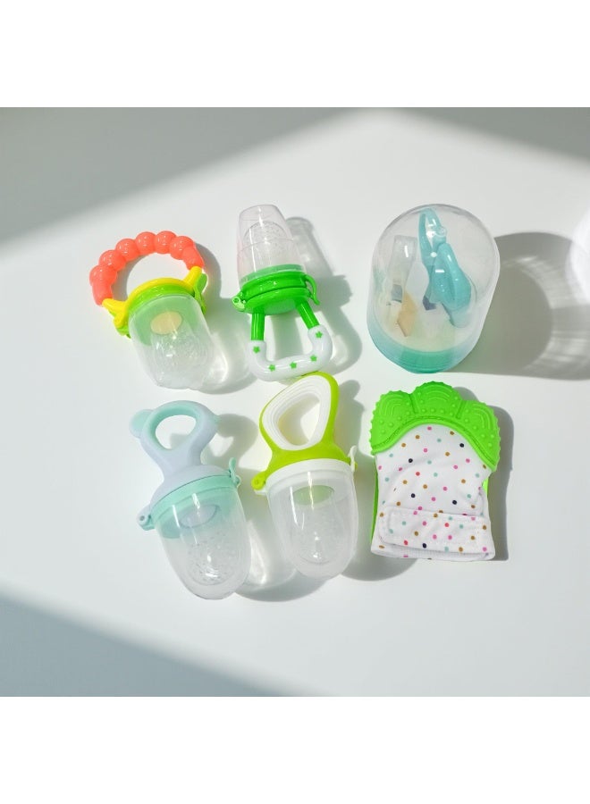 Complete 6 in 1 set for the care and nutrition of infants – 1 silicone teething glove, 4 fruit feeding pacifiers, 1 nail scissors and file - total of 6 pieces - color 1  - Image 2