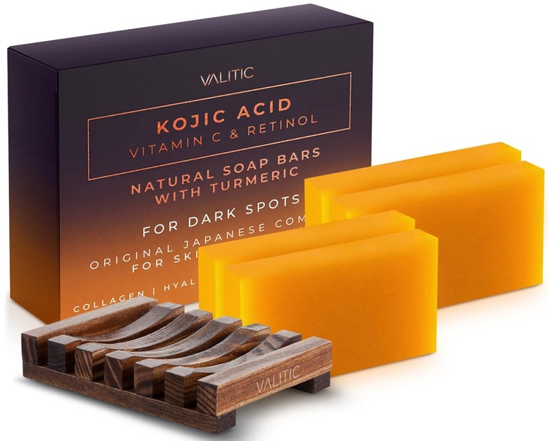 VALITIC Kojic Acid Vitamin C and Retinol Soap Bars with Turmeric for Dark Spot - Original Japanese Complex with Collagen, Hyaluronic Acid, Vitamin E (4 Pack) - with Soap Holder