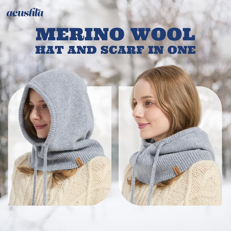 ACUSHLA 100% Merino Wool Balaclava for Women & Men Winter Warm Knit Hooded Scarf Hoodie Hat and Scarf Set in One - Image 2
