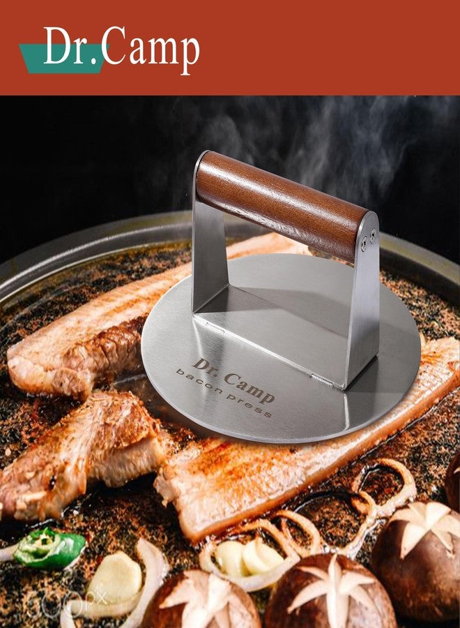 Dr.Camp 7 Inch Stainless Steel Smash Burger Press Burger Smasher Bacon Press Meat Press for Griddle Flat Top Grill with Solid Wood Handle Smooth Bottom Heavy Duty (Round) - Image 2