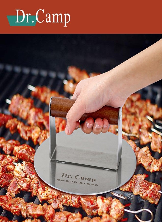 Dr.Camp 7 Inch Stainless Steel Smash Burger Press Burger Smasher Bacon Press Meat Press for Griddle Flat Top Grill with Solid Wood Handle Smooth Bottom Heavy Duty (Round) - Image 3