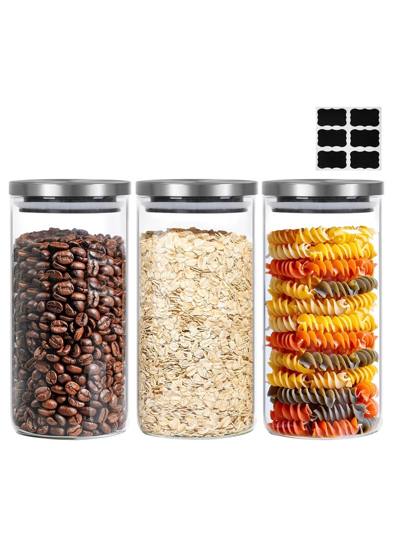 HOME ZONE Set of 3 56.1oz (1659ml) Clear Glass Food Storage Containers with Stainless Lids for Spice Sugar Tea Coffee Bean - Image 1