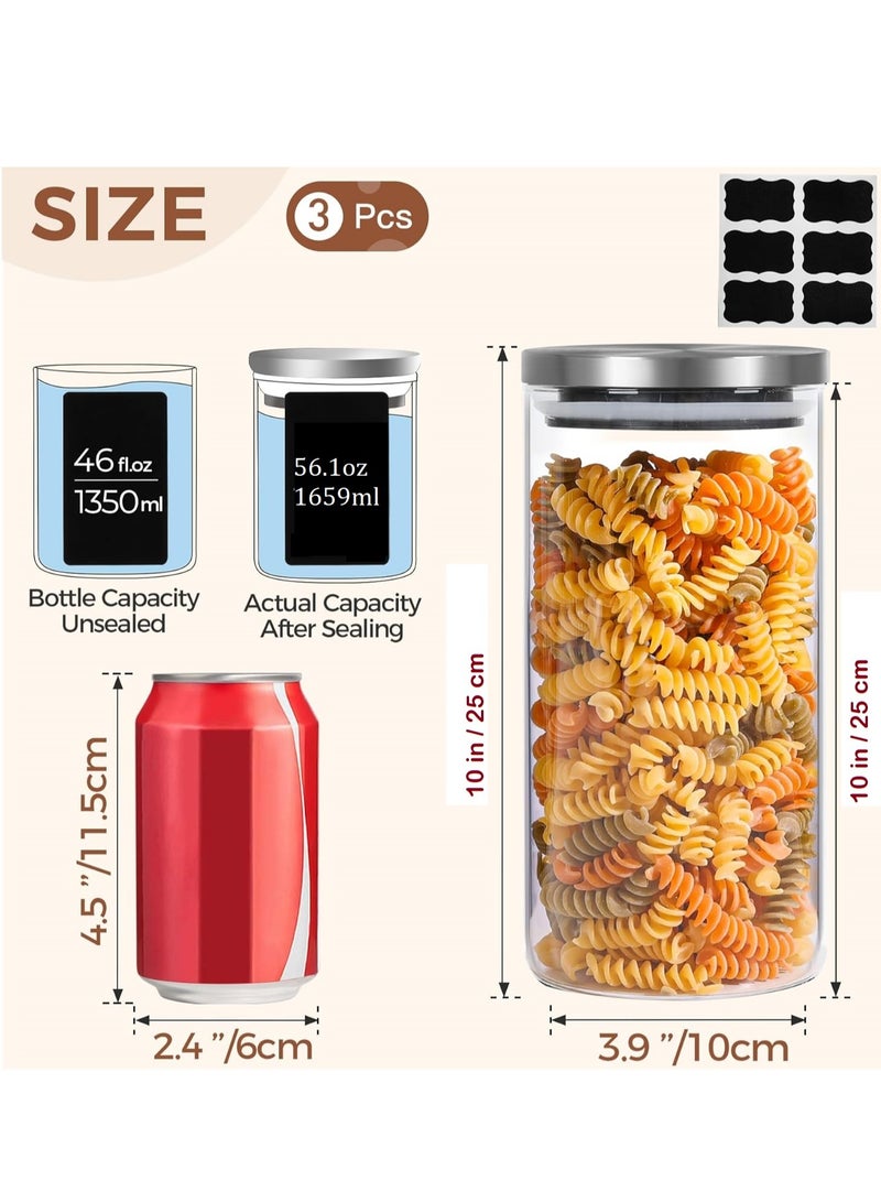 HOME ZONE Set of 3 56.1oz (1659ml) Clear Glass Food Storage Containers with Stainless Lids for Spice Sugar Tea Coffee Bean - Image 2