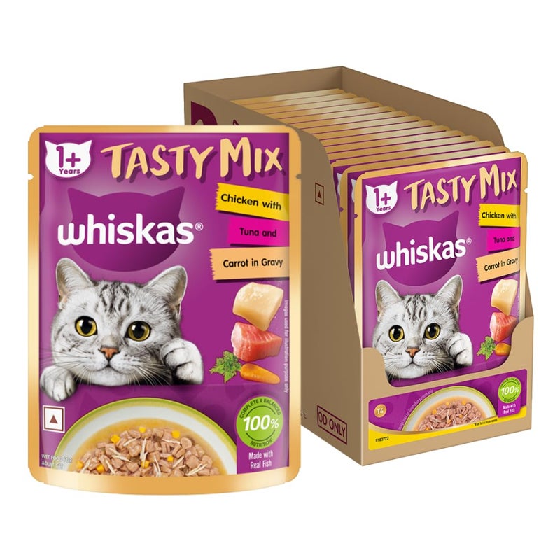 Whiskas طعام قطط رطب ويكساس مزيج لذيذ للبالغين (1+ سنة)، دجاج مع تونة وجزر في صلصة، 70 جرام، عبوة من 14| مصنوع من سمك حقيقي| تغذية كاملة ومتوازنة للقطط البالغة - Image 1